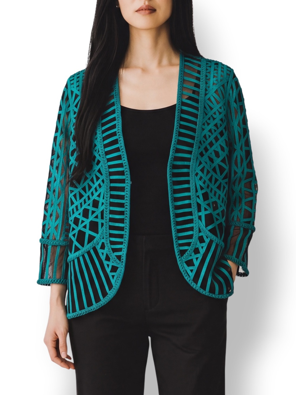 4/$20 Chico’s Travelers Black Teal Soutache Mesh Jacket Size 1 M 8